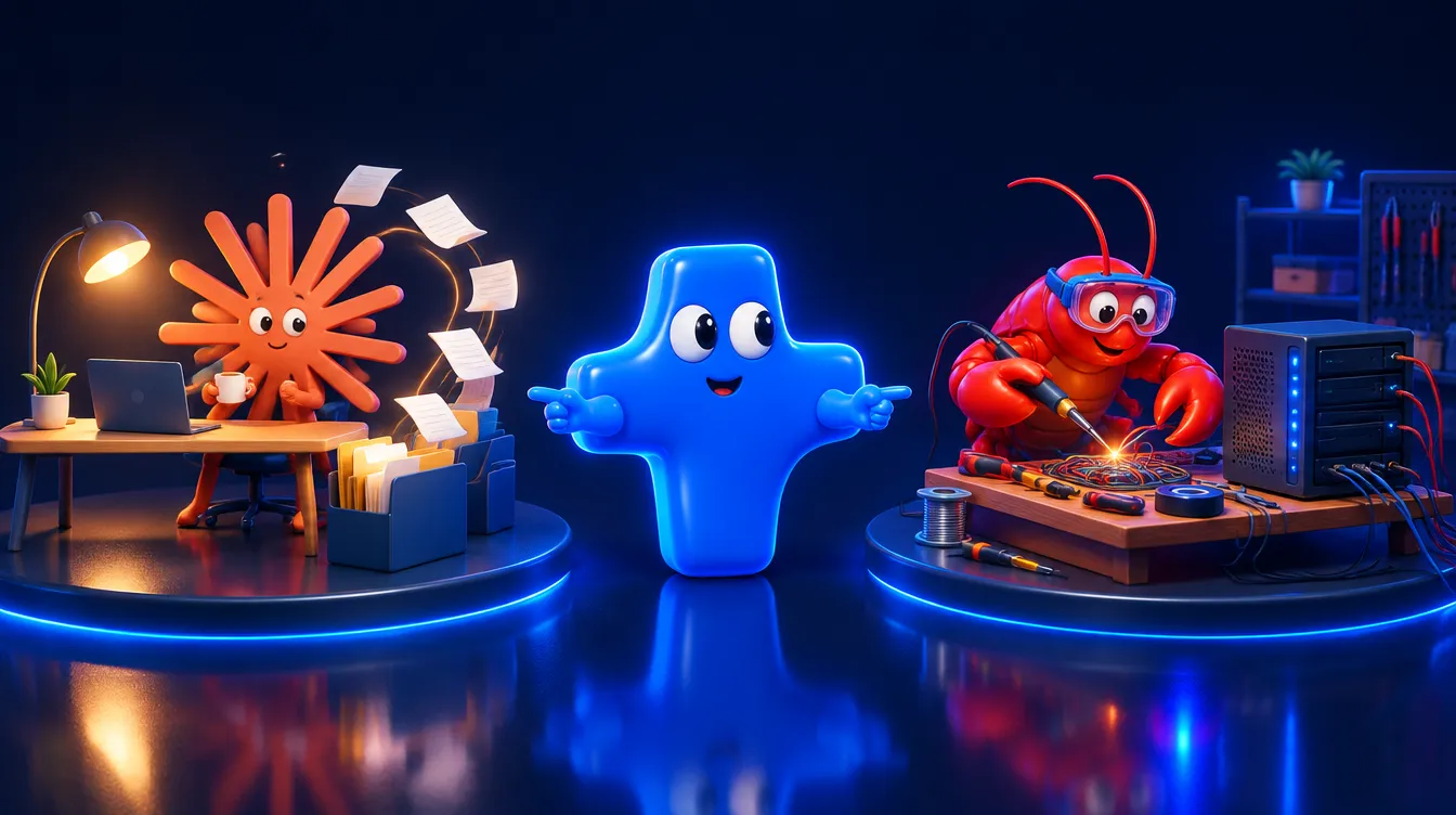 Atomic Agent mascot standing between the Claude starburst working at a tidy desk with files and the OpenClaw lobster soldering wires next to a home server