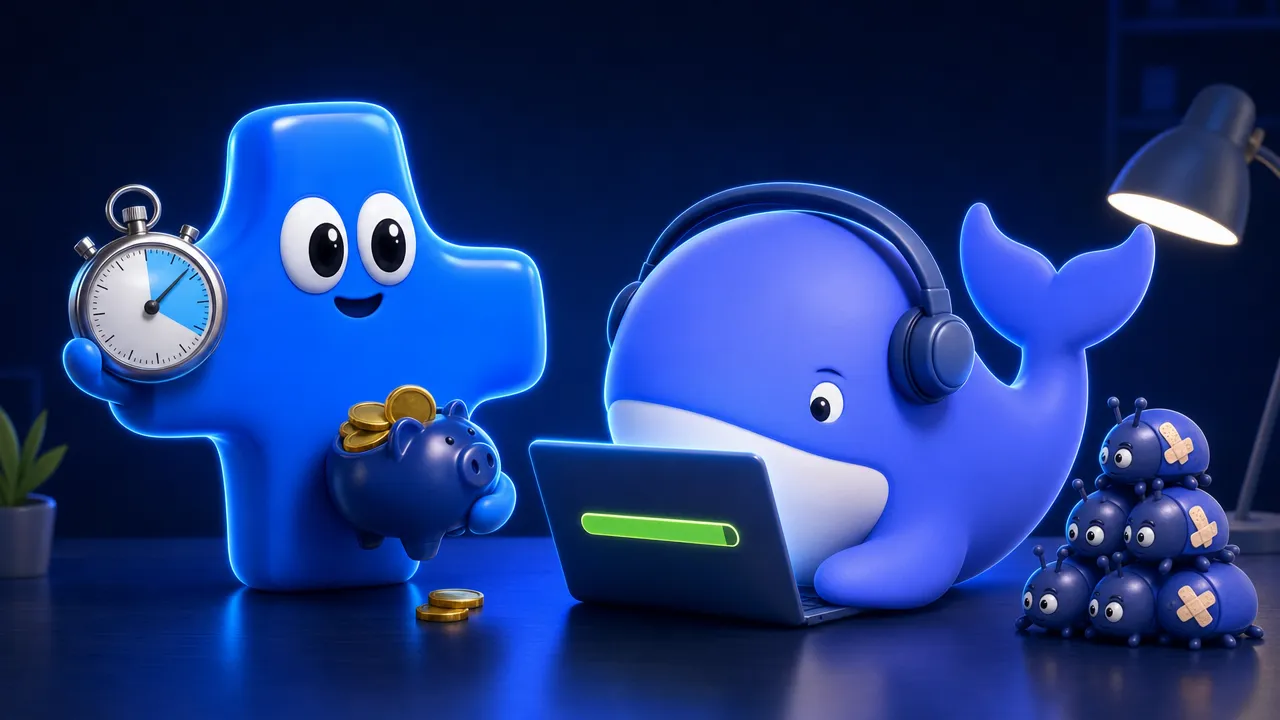 The DeepSeek whale in headphones has just finished a coding task on a laptop with a green progress bar, next to a stack of bandaged bug toys, while the Atomic Agent mascot holds a stopwatch and a piggy bank
