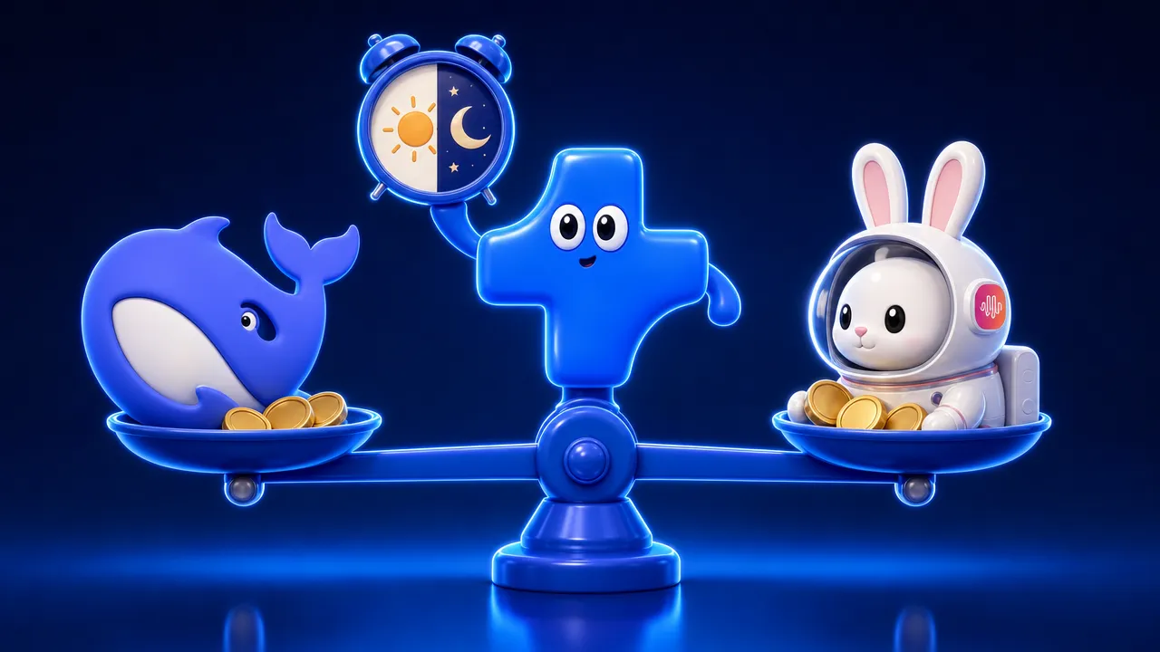 The DeepSeek whale and a Space Bunny astronaut with a MiniMax badge sit on a perfectly level balance scale with gold coins, while the Atomic Agent mascot holds up an alarm clock split into a sun half and a moon half