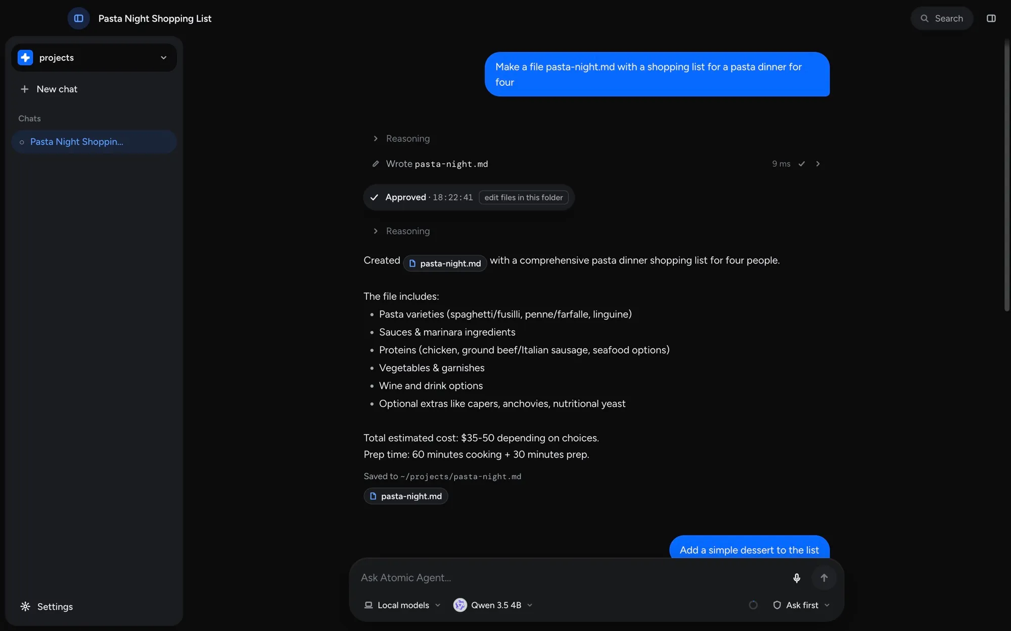 Atomic Agent desktop app: a chat where the agent writes a shopping list file after you approve it