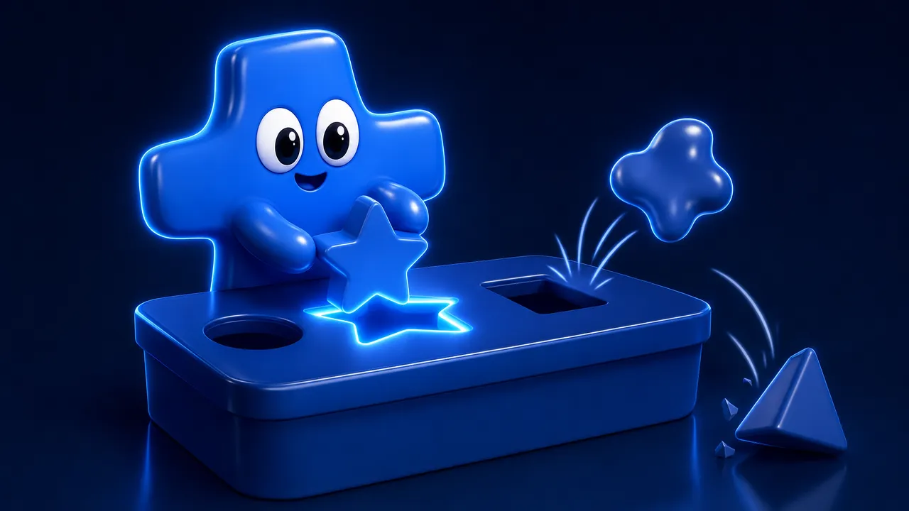 Atomic Agent mascot pushing a star block into the star hole of a shape sorter while wrong shapes bounce off