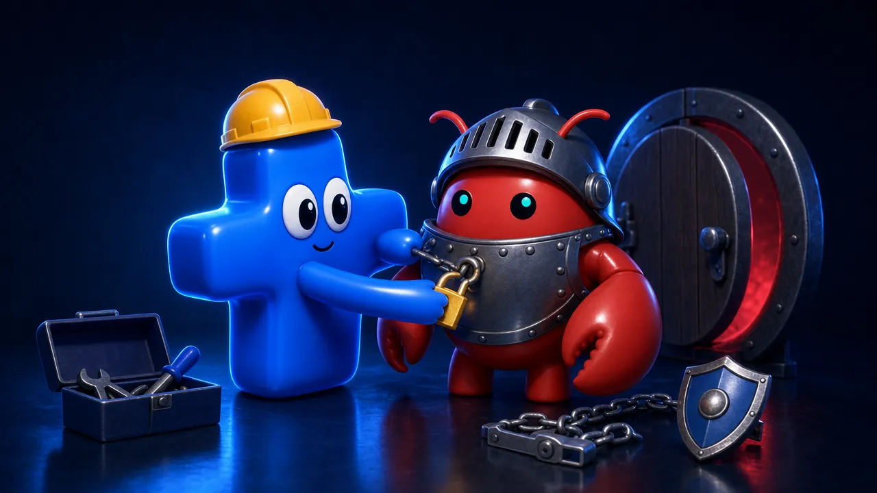 Atomic Agent mascot in a hard hat fastening a padlock onto knight armor worn by the OpenClaw red lobster, with a toolbox, chain lock and shield on the floor and a red-glowing door ajar behind