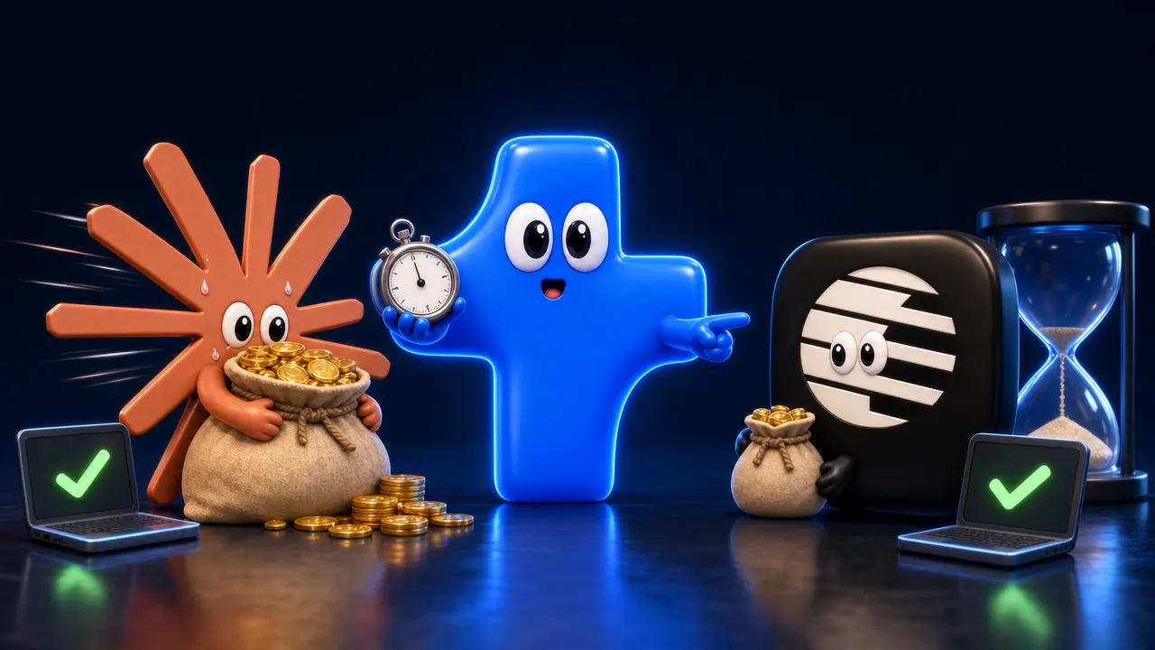 The Claude starburst hugs a heavy sack of gold coins next to a laptop with a green check mark, the Kimi moon holds a coin pouch half the size beside an almost empty hourglass and its own green check mark, and the Atomic Agent mascot referees with a stopwatch