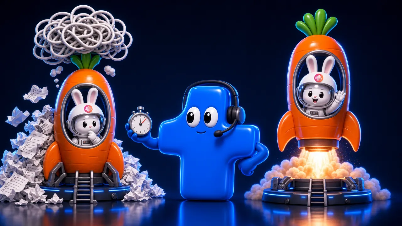Two Space Bunny astronauts with MiniMax badges in carrot rockets: one is buried in paper checklists under a tangled thought cloud, the other is already blasting off, while the Atomic Agent mascot in a headset holds a stopwatch
