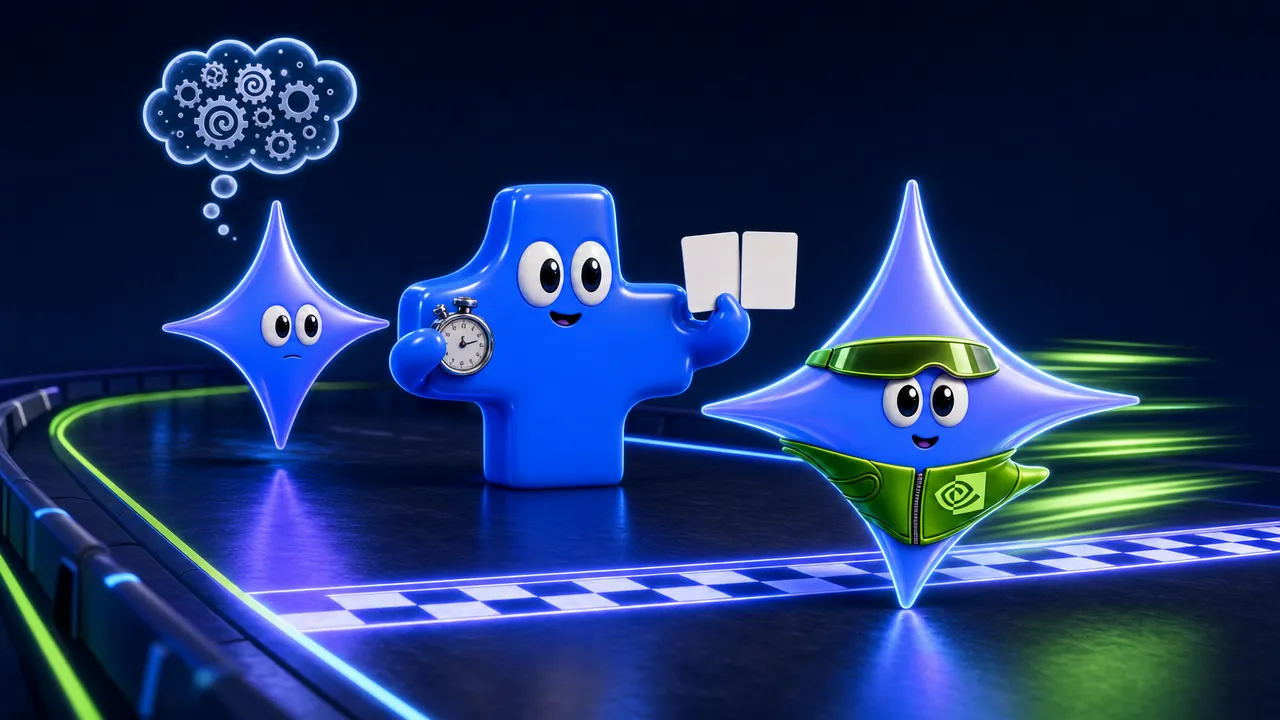 Two Gemma sparkle twins on a race track: one in a lime green NVIDIA racing jacket crosses the glowing finish line, the other floats behind with a thought bubble full of gears, and the Atomic Agent mascot holds a stopwatch and two scorecards