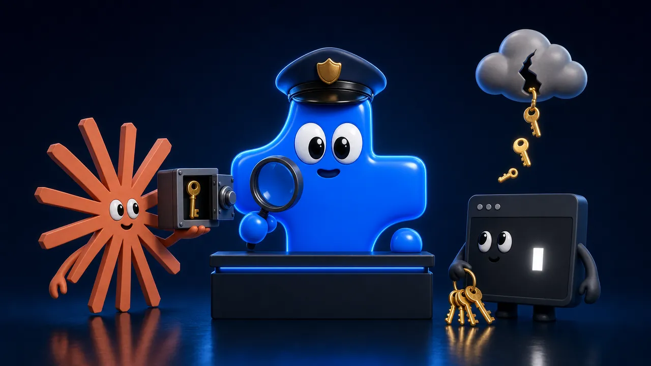 Atomic Agent mascot as a customs inspector with a magnifying glass between the Claude starburst holding a steel safe with a golden key and an OpenCode terminal character holding keys under a cracked cloud that drops keys