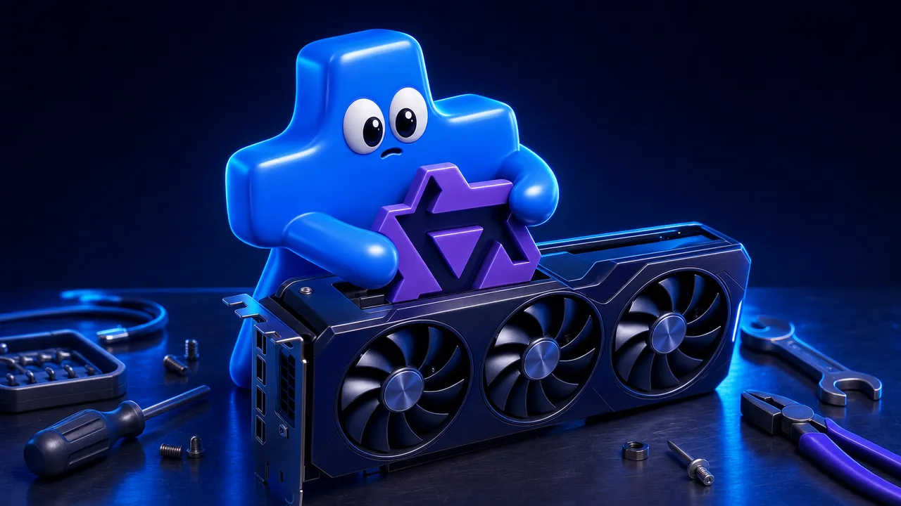 Atomic Agent mascot pressing a purple Qwen logo chip into a graphics card on a workbench