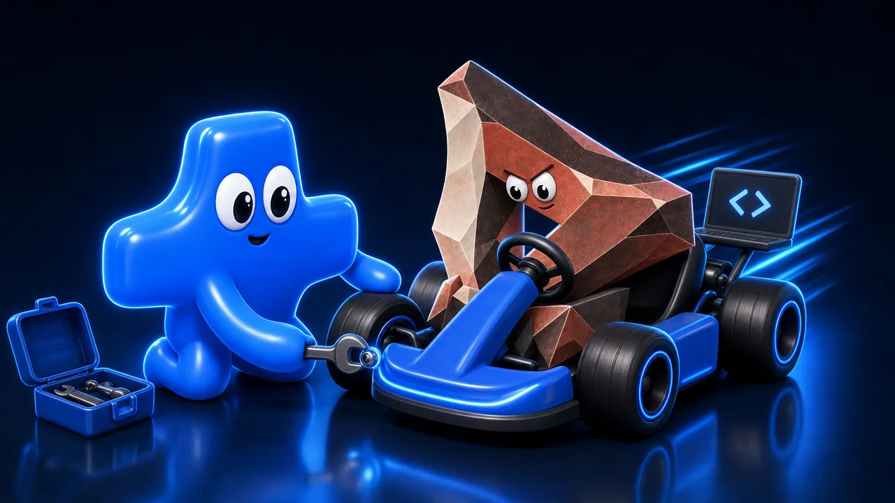 The Recursive Flint stone triangle sits in a blue go-kart with a small laptop strapped behind it, while the Atomic Agent mascot kneels beside it and tightens a bolt with a wrench before the race