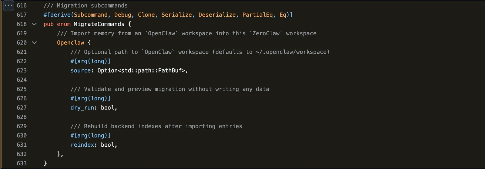 ZeroClaw source code defining the migrate openclaw command, which imports memory from an OpenClaw workspace with source, dry run and reindex options